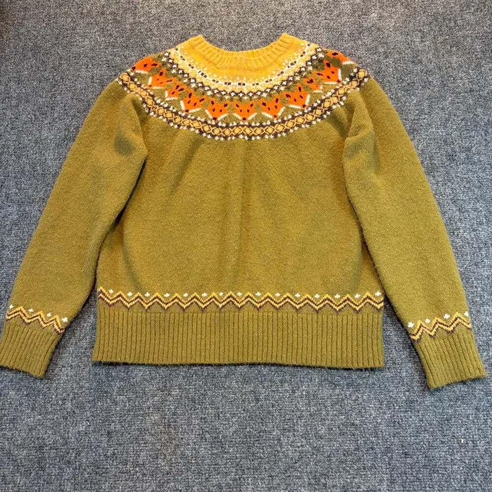 Fair Isle Highland Fox Soft Crewneck Sweater Green Yellow Orange Size Large